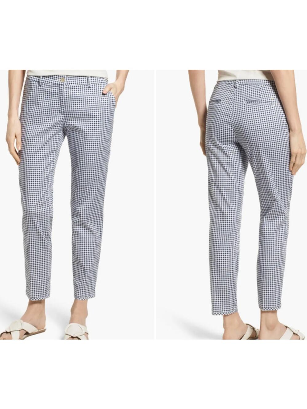 Brax Maron Gingham Stretch Cotton Ankle Pants Women's 16 Blue White Frayed Hem